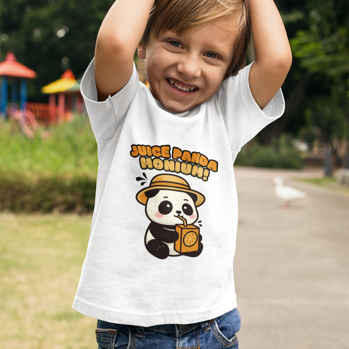Child wearing a white t-shirt with a cartoon panda design and text, standing outdoors.